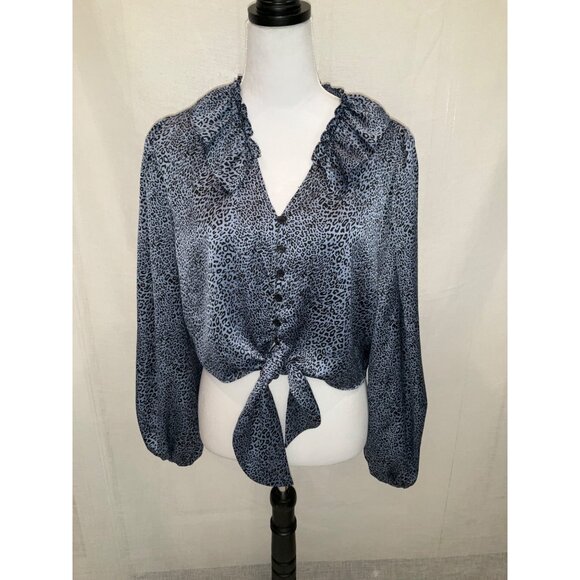 Topshop size 10 Animal Print satin Tie Crop Top Blue/Black - Picture 2 of 5